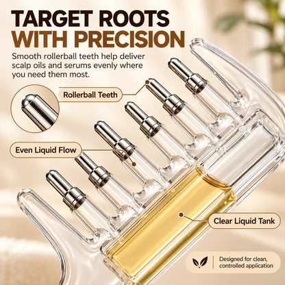 🎁Scalp Oil Applicator Comb with 6 Stainless Steel Massage Rollers – Refillable, Leak-Resistant Hair Care Comb