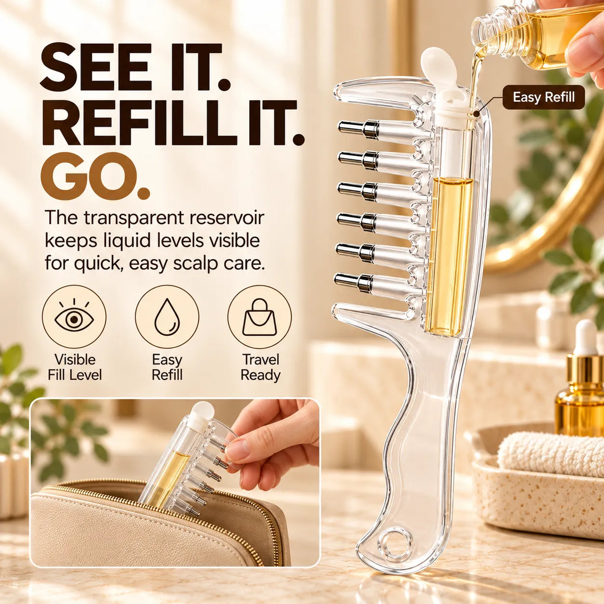 🎁Scalp Oil Applicator Comb with 6 Stainless Steel Massage Rollers – Refillable, Leak-Resistant Hair Care Comb