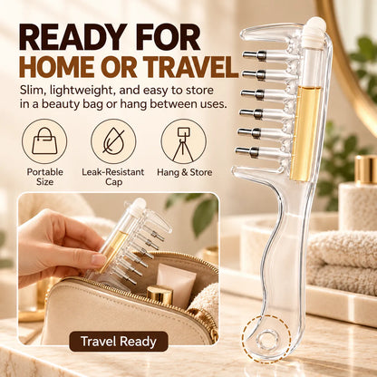 🎁Scalp Oil Applicator Comb with 6 Stainless Steel Massage Rollers – Refillable, Leak-Resistant Hair Care Comb