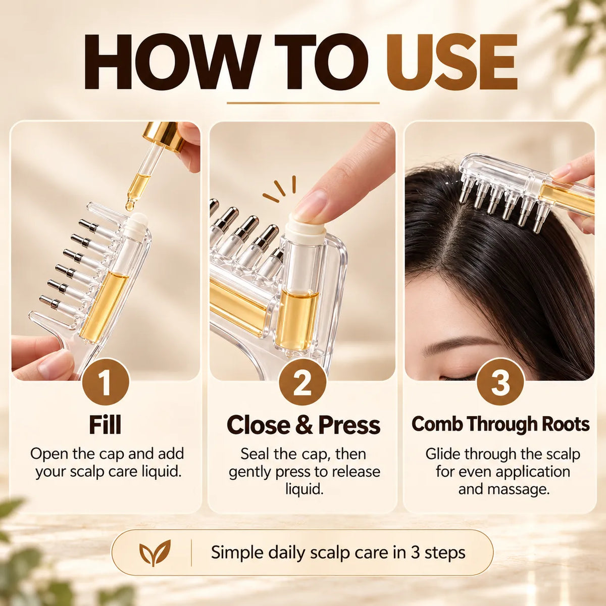 🎁Scalp Oil Applicator Comb with 6 Stainless Steel Massage Rollers – Refillable, Leak-Resistant Hair Care Comb