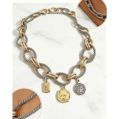 🎀Bohemian Two-Tone Twisted Chain Necklace – Three Vintage-Style Charms