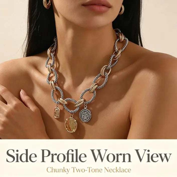🎀Bohemian Two-Tone Twisted Chain Necklace – Three Vintage-Style Charms